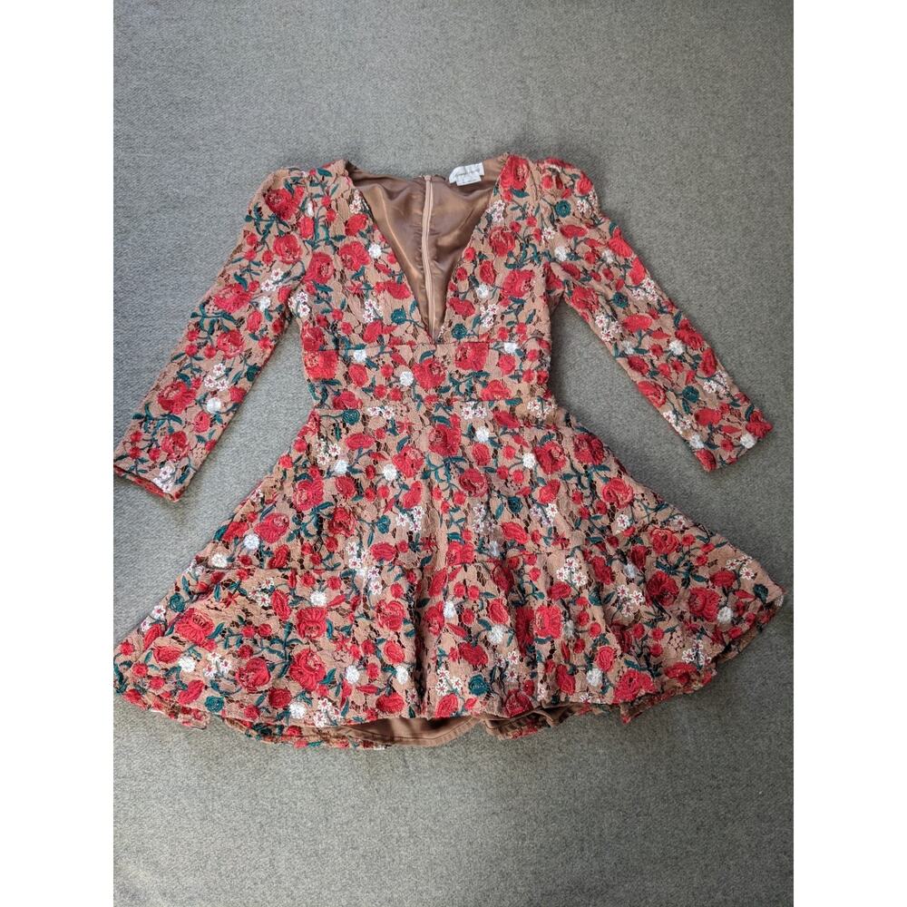 Lovers & Friends Vira Mini Babydoll Dress Size XXS Red Lace Floral Embroidered